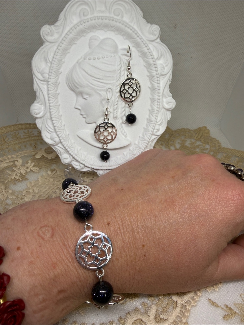 Handmade 925 Sterling Silver Blue Sandstone Bracelet & Earrings Set Celestial
